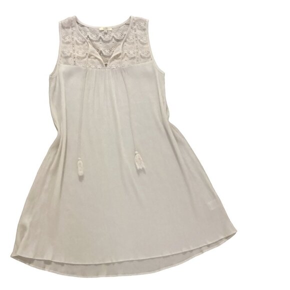 KORI America Gauze and Lace BOHO Cream Shift Dress Tassel Tie Sz L 148F - Picture 7 of 9